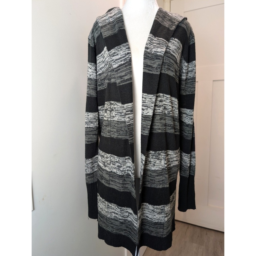 Brittany Black Women Duster Cardigan  Open Front Gray Black Stripe Hood XL